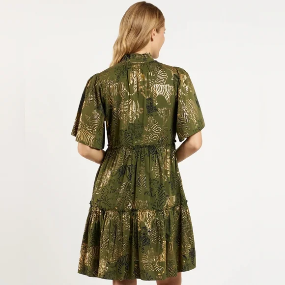 NWT Jude Connally Shirley Dress Cotton Voile Tiered Olive Mini Dress Size M - Picture 3 of 14